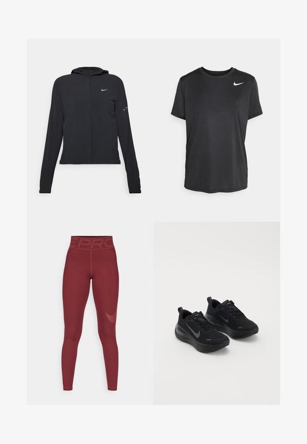 Crna jakna s kapuljačom i dugim rukavima, izrađena od laganog materijala. Ima prednji patentni zatvarač, Nike logo i suptilne dizajnerske detalje.; Crna kratka atletska majica s kratkim rukavima, izrađena od glatkog, laganog materijala, s malim bijelim Nike logom na gornjoj lijevoj strani.; Bordo tajice s visokim pojasom koje sadrže "PRO" branding. Napravljene su od rastezljivog materijala, imaju glatku teksturu i suptilan logo sa strane.; Crne atletske tenisice s teksturiranim gornjim dijelom, pertlanjem i debelim, ublaženim potplatom. Imaju sivi Nike logotip s svake strane.