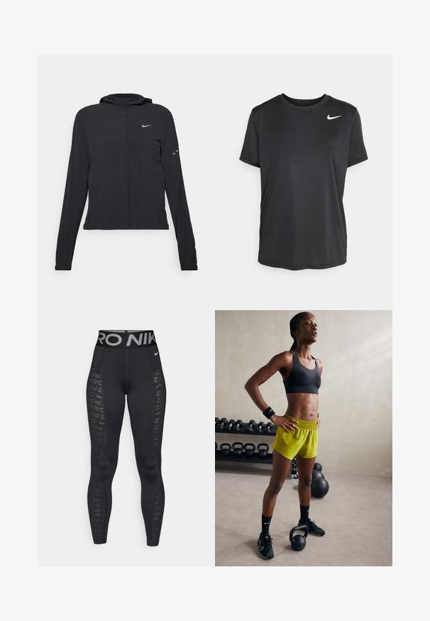 Casaco preto com capuz e mangas longas, feito de material leve. Apresenta um fecho dourado na frente, um logótipo da Nike e detalhes de design subtis.; T-shirt atlético preto de manga curta, feito de um tecido liso e leve, com um pequeno logótipo da Nike em branco no canto superior esquerdo.; Leggings atléticas pretas com uma cintura larga cinza com o texto "PRO NIKE". Os painéis laterais apresentam um padrão geométrico semi-transparente.; Sutiã desportivo preto, calções amarelos brilhantes com cintura elástica, sapatos de atletismo pretos e pulseiras, de pé ao lado de kettlebells.