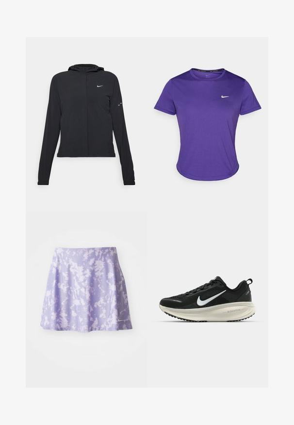 Zwarte kaptrui met lange mouwen, gemaakt van lichtgewicht materiaal. Voorzien van een ritssluiting aan de voorkant, een Nike-logo en subtiele ontwerpelementen.; Paarse sportieve t-shirt gemaakt van vochtafvoerende stof, met korte mouwen en een ronde hals. Klein wit logo op de borst.; Paarse rok gemaakt van lichtgewicht stof met een tie-dye patroon. Heeft een uitlopende vorm en een elastische tailleband voor comfort.; Zwarte Nike hardloopschoen met ademend mesh bovenwerk, witte swoosh-logo, gestructureerde details en een crèmekleurige ZoomX middenzool.