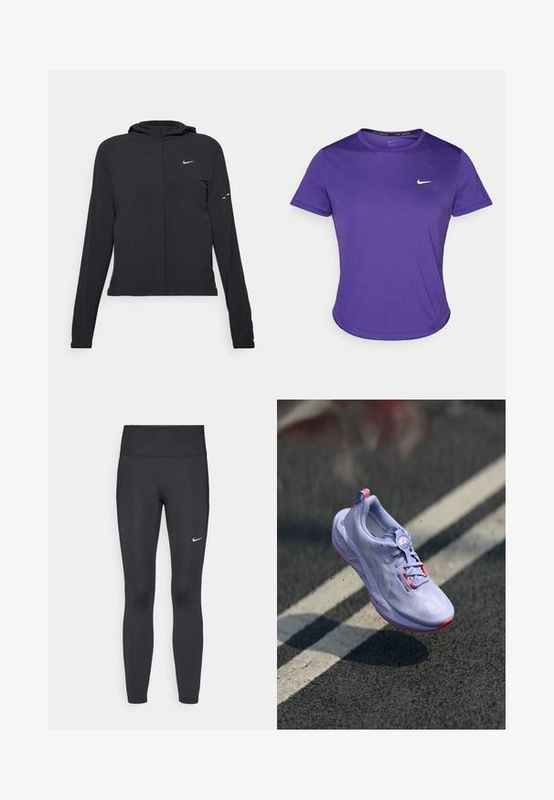 Casaco preto com capuz e mangas longas, feito de material leve. Apresenta um fecho dourado na frente, um logótipo da Nike e detalhes de design subtis.; T-shirt atlético roxo feito de tecido que absorve a humidade, com mangas curtas e decote redondo. Pequeno logotipo branco no peito.; Leggings pretos feitos de tecido elástico, com uma cintura alta e um logo branco da Nike na coxa esquerda. Textura suave, design ajustado ao corpo.; Sapatilha de corrida lilás claro com um upper texturizado, detalhes em rosa, um mecanismo de atilho redondo e uma sola salpicada, elevada sobre um fundo de pavimento.