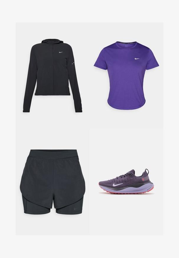 Mustassa hupparissa on pitkät hihat, ja se on valmistettu kevyestä materiaalista. Siinä on edessä vetoketju, Nike-logo ja hillityt muotoiluyksityiskohdat.; Violetti urheilupaita, joka on valmistettu kosteutta siirtävästä kankaasta. Paidassa on lyhyet hihat ja pyöreä kaula-aukko. Rinnan kohdalla pieni valkoinen logo.; Mustat urheilushortsit kerroksellisella designilla, joissa on sileä ulkopinta ja tiukasti istuvat sisäshortsit. Valmistettu kevyestä, joustavasta kankaasta.; Violetti urheilukenkä, jossa on hengittävä päällinen, harmaat yksityiskohdat, pehmustettu pohja ja teksturoitu punainen ulkopohja. Varustettu näyttävällä valkoisella logolla.