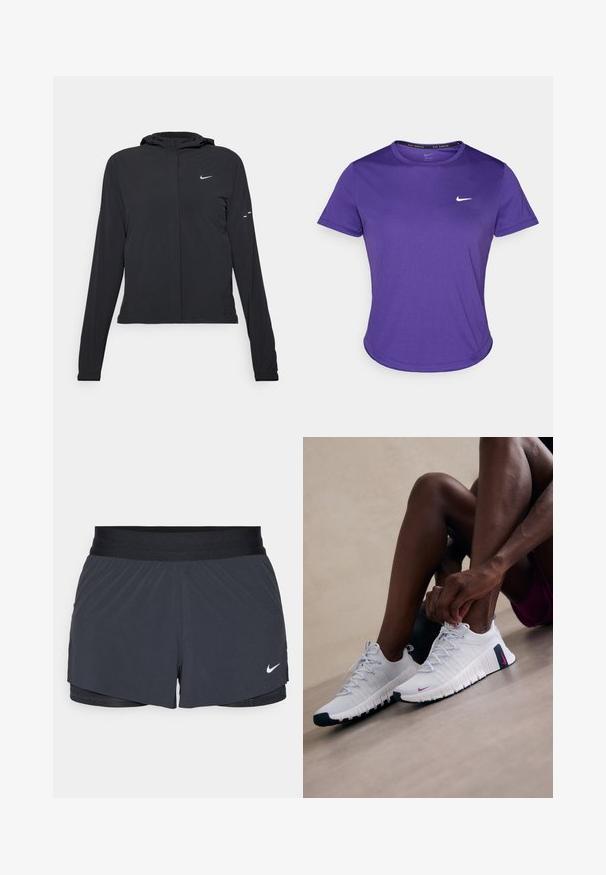 Fekete kapucnis dzseki hosszú ujjakkal, könnyű anyagból készült. Elülső cipzárral, Nike logóval és diszkrét dizájn elemekkel rendelkezik.; Ibolya színű sportpóló, nedvességelvezető anyagból készült, rövid ujjal és kerek nyakkivágással. A mellkasán egy kis fehér logó található.; Fekete sportnadrág elasztikus derékkal, réteges kialakítással és kis fehér Nike logóval a bal alsó részen. Könnyű anyag.; Fehér sportcipők texturált felülettel, rózsaszín díszítéssel és fekete talppal. Zsinóros kialakítással és párnázott talppal a kényelem érdekében.