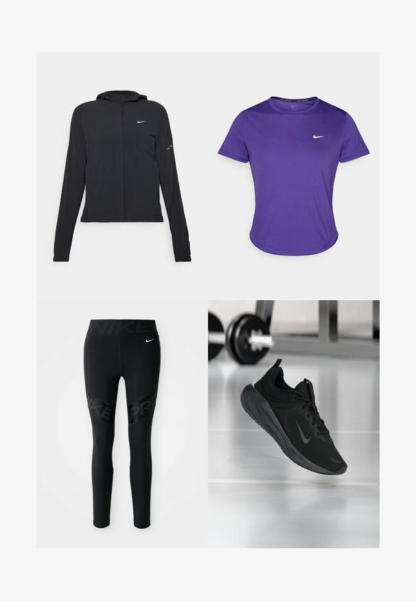 Must musta kapuutsiga jakk, millel on pikad varrukad ja mis on valmistatud kergetest materjalidest. Omab esitaskut, Nike logo ja kergelt silmatorkavaid disainiaktsente.; Lilla sportline t-särk, mis on valmistatud niiskust imavast kangast, lühikeste varrukatega ja ümarate kraega. Rinnal väike valge logo.; Mustad mustad Nike Pro retuus kõrge vöökoht, millel on "NIKE" tekst ja väike valge Nike swoosh logo vasakul puusal.; Mustad mustang spordijalatsid Nike logo'ga, õhus spordisaali põrandal, häguste hantlite riiulitega taustal.