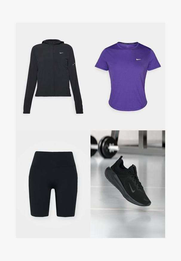 Giacca nera con cappuccio e maniche lunghe, realizzata in materiale leggero. Presenta una zip frontale, il logo Nike e accenti di design sottili.; T-shirt sportivo viola realizzato in tessuto traspirante, con maniche corte e collo a giro. Piccolo logo bianco sul petto.; Shorts da ciclismo neri a vita alta realizzati in un tessuto elastico con una superficie liscia, dotati di tasche laterali e di un design aderente.; Sneaker sportivo nero con logo Nike, mostrato in volo su un pavimento da palestra, con un supporto per pesi sfocato sullo sfondo.