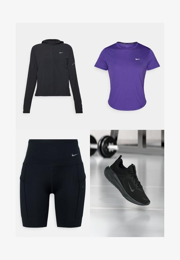 Schwarze Kapuzenjacke mit langen Ärmeln, aus leichtem Material gefertigt. Sie hat einen vorderen Reißverschluss, ein Nike-Logo und dezente Designelemente.; Lila Sport-T-Shirt aus feuchtigkeitstransportierendem Material, mit kurzen Ärmeln und Rundhalsausschnitt. Kleines weißes Logo auf der Brust.; Schwarze hochtaillierte Sportshorts aus dehnbarem Material; verfügt über Seitentaschen und ein kleines Nike-Logo am Bund.; Schwarzer Sportsneaker mit Nike-Logo, mid-air über dem Boden des Fitnessstudios, mit unscharfem Hantelregal im Hintergrund.