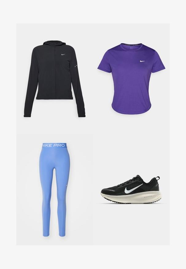 Casaco preto com capuz e mangas longas, feito de material leve. Apresenta um fecho dourado na frente, um logótipo da Nike e detalhes de design subtis.; T-shirt atlético roxo feito de tecido que absorve a humidade, com mangas curtas e decote redondo. Pequeno logotipo branco no peito.; Leggings Nike Pro, em azul claro sólido, com cintura elástica e texto em branco "NIKE PRO", textura suave e design ajustado.; Sapatilha de corrida Nike preta com parte superior de malha respirável, logotipo Swoosh branco, detalhes texturizados e uma entressola ZoomX na cor creme.