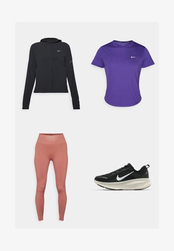 Juodas gobtuvas striukė su ilgomis rankovėmis, pagaminta iš lengvo audinio. Pasižymi priekiniais užtrauktukais, Nike logotipu ir subtiliais dizaino akcentais.; Violet sportinė marškinėliai pagaminti iš drėgmę sugeriančios medžiagos, su trumpomis rankovėmis ir apvaliu kaklu. Mažas baltas logotipas ant krūtinės.; Yogasearcher KEISHO - Tamprės - cedar; Juodas Nike sportinis batelis su kvėpuojančiu tinklu, baltu swoosh logotipu, tekstūruoto dizaino detalėmis ir grietinėlės spalvos ZoomX viduriu.