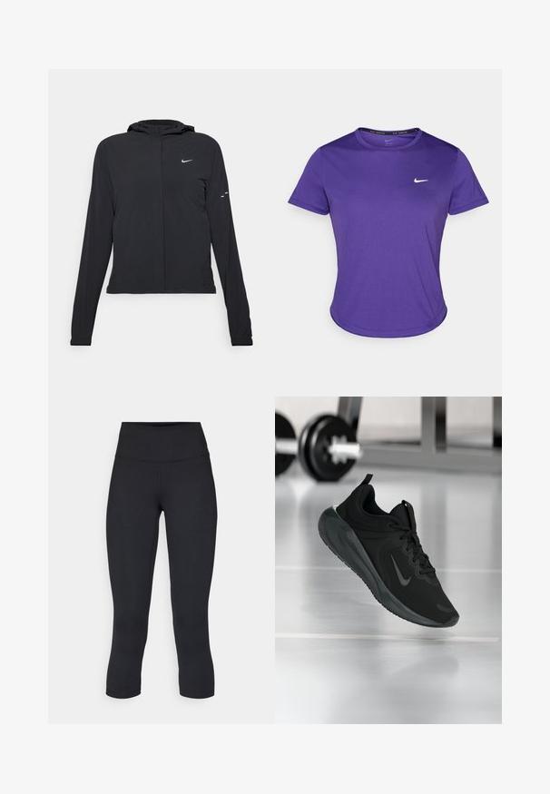 Black hooded jacket with long sleeves, made from lightweight material. Features a front zipper, a Nike logo, and subtle design accents.; Purple athletic t-shirt made from moisture-wicking fabric, featuring short sleeves and a crew neck. Small white logo on the chest.; Black cropped leggings made of stretchy fabric, featuring a high waistband and smooth texture, with no visible patterns or hardware.; Black sports sneaker with Nike logo, shown mid-air on gym floor, with blurred dumbbell rack in background.