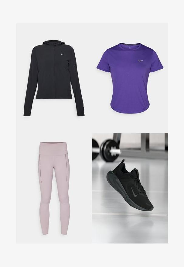 Svart hettegenser med lange ermer, laget av lett materiale. Har glidelås foran, Nike-logo og subtile design detaljer.; Lilla treningstrøye laget av fukttransporterende stoff, med kortermet og crew neck. Liten hvit logo på brystet.; Leggings i lys mauve, laget av stretchy stoff, med høy midje og sidelommer med sømdetaljer.; Sorte treningssneakers med Nike-logo, vist midt i luften på gymgulvet, med uskarp manualstativ i bakgrunnen.
