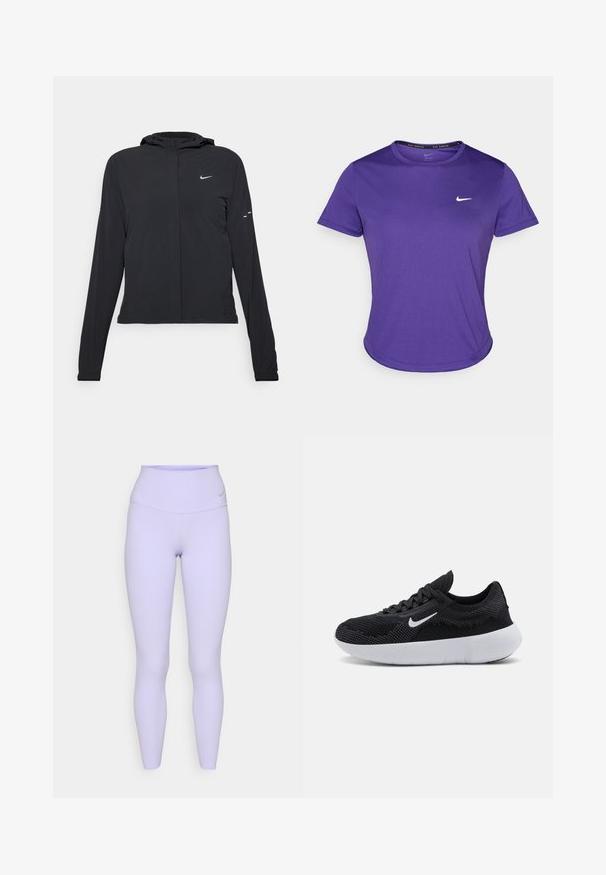 Melnā kapuci jaka ar garām piedurknēm, izgatavota no viegla materiāla. Tam ir priekšējais rāvējslēdzis, Nike logo un smalki dizaina akcenti.; Violets sporta krekls, izgatavots no mitruma uzsūcoša auduma, ar īsām piedurknēm un apaļu kakla izgriezumu. Mazs balts logos uz krūtīm.; Violeta augstās jostas bikses ar gludu, elastīgu tekstūru un Nike logo uz jostas, izstrādātas ērtībai un kustībai.; Melna sporta apava ar acs audumu augšdaļu, teksturētu dizainu, apaļu purngalu, baltu gumijas zoli un Nike logotipu sānos.