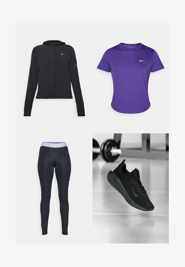 Jachetă neagră cu glugă, cu mâneci lungi, fabricată din material ușor. Dispune de un fermoar frontal, un logo Nike și accente de design subtile.; Tricou sportiv violet fabricat dintr-un material care absoarbe umezeala, cu mâneci scurte și guler rotund. Logo mic alb pe piept.; Colanți sport negri cu un design ajustat, având un brâu Nike Pro de culoare violet deschis și un logo mic alb în partea stângă jos a piciorului.; Tenisii sport negru cu logo-ul Nike, arătați în aer deasupra podelei de sală de sport, cu un suport pentru haltere neclar în fundal.