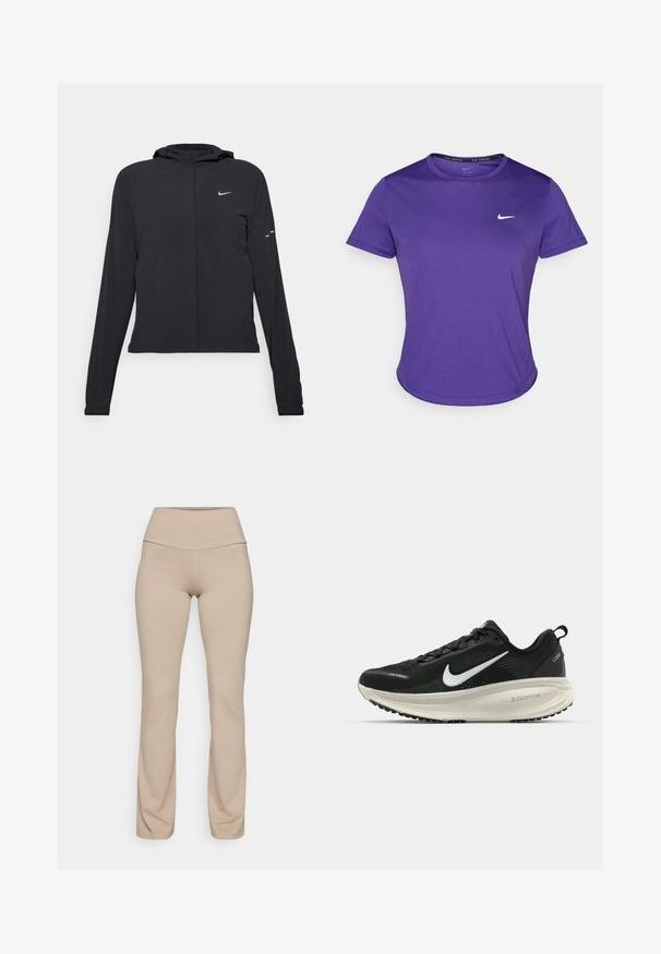 Fekete kapucnis dzseki hosszú ujjakkal, könnyű anyagból készült. Elülső cipzárral, Nike logóval és diszkrét dizájn elemekkel rendelkezik.; Ibolya színű sportpóló, nedvességelvezető anyagból készült, rövid ujjal és kerek nyakkivágással. A mellkasán egy kis fehér logó található.; Beige leggings magas derékban, puha, rugalmas anyagból készült. Simára csiszolt textúrával és szűkített fazonnal, amely a bokánál szűkül.; Fekete Nike futócipő légáteresztő hálós felsőrésszel, fehér Swoosh logóval, textúrázott részletekkel és krém színű ZoomX középtalppal.