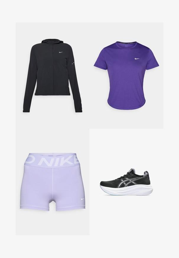 Chaqueta negra con capucha y mangas largas, hecha de un material ligero. Presenta un cierre frontal, un logo de Nike y acentos de diseño sutiles.; Camiseta deportiva morada hecha de tela que absorbe la humedad, con mangas cortas y cuello redondo. Pequeño logo blanco en el pecho.; Pantalones cortos deportivos morados hechos de material elástico. Cuenta con una cintura ancha con "NIKE" impreso en blanco y un pequeño logo blanco en la pierna.; Zapatillas deportivas negras con una parte superior texturizada, media suela blanca acolchada y detalles en plateado en los lados. Cuenta con puntera redonda y cierre de cordones.