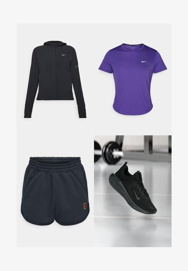 Casaco preto com capuz e mangas longas, feito de material leve. Apresenta um fecho dourado na frente, um logótipo da Nike e detalhes de design subtis.; T-shirt atlético roxo feito de tecido que absorve a humidade, com mangas curtas e decote redondo. Pequeno logotipo branco no peito.; Calções desportivos cinza-escuro feitos de tecido suave, com um cós elástico, bolsos laterais e um pequeno logotipo multicolorido na bainha.; Sapatilha desportiva preta com o logotipo da Nike, mostrada em pleno ar sobre o chão do ginásio, com um suporte de halteres desfocado ao fundo.