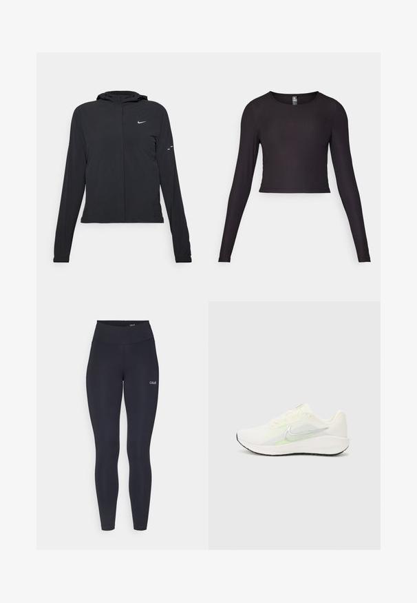 Czarna kurtka z kapturem, z długimi rękawami, wykonana z lekkiego materiału. Posiada zamek błyskawiczny z przodu, logo Nike oraz subtelne akcenty wzornicze.; Czarny, długi rękaw, krótki top wykonany z żeberkowanej tkaniny. Posiada okrągły dekolt oraz dopasowany krój z teksturowaną powierzchnią.; Czarne legginsy z wysokim stanem, wykonane z elastycznego materiału, z małym białym logo na udzie i gładką teksturą.; Nike Performance DOWNSHIFTER 13 biały