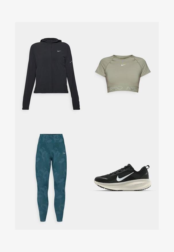 Mustassa hupparissa on pitkät hihat, ja se on valmistettu kevyestä materiaalista. Siinä on edessä vetoketju, Nike-logo ja hillityt muotoiluyksityiskohdat.; Olivi vihreä lyhythihainen urheilu-toppi, joka on valmistettu sileästä kankaasta. Topissa on pyöreä kaula-aukko ja vaaleanharmaa logo keskellä rintaa.; Korkeavyötäröiset legginsit tumman teal-värissä, joissa on hienovarainen maastokuvio, valmistettu venyvästä kankaasta, joka on pehmeä kosketukseltaan.; Mustat Nike-juoksukengät, joissa on hengittävä verkko-osa, valkoinen swoosh-logo, teksturoitu yksityiskohtaus ja kermaisen värinen ZoomX-välipohja.