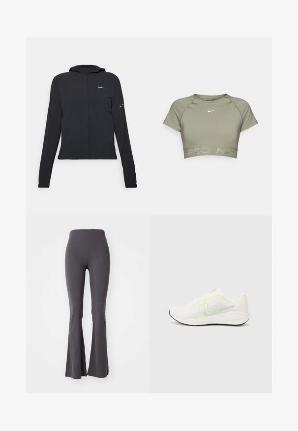 Juodas gobtuvas striukė su ilgomis rankovėmis, pagaminta iš lengvo audinio. Pasižymi priekiniais užtrauktukais, Nike logotipu ir subtiliais dizaino akcentais.; Alyvų žalios spalvos apkarpytas sportinis viršus, pagamintas iš lygios medžiagos, su trumpomis rankovėmis, apvaliu iškirpimu ir šviesiai pilku logotipu, centruotu krūtinėje.; Pilki platūs jogos kelnės, pagamintos iš tamprių medžiagų. Aukštas juosmuo ir lygus paviršius, su prigludusiu dizainu iki varpelio tipo apačios.; Nike Performance DOWNSHIFTER 13 - Bėgimo batai plentui - sail/silver-coloured photon dust/summit white/barely volt/black