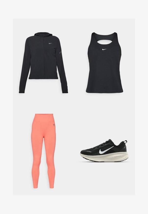 Must musta kapuutsiga jakk, millel on pikad varrukad ja mis on valmistatud kergetest materjalidest. Omab esitaskut, Nike logo ja kergelt silmatorkavaid disainiaktsente.; Must mustrideta ilma varrukatega sporditop, ümmarguse kaelusega, millel on lõigatud seljaosa ja rinnal väike valge Nike logo. Sile kangastekstuuri.; Korkealantiohased leggingsid hele koralli värviga, valmistatud venivast kangast. Omavad siledat tekstuuri ja väikest musta logo vööl.; Musthave mustus Nike jooksujalats, millel on hingav võrgust ülemine osa, valge swoosh logo, tekstuuriga detailid ja kreemja värvusega ZoomX vahevöö.
