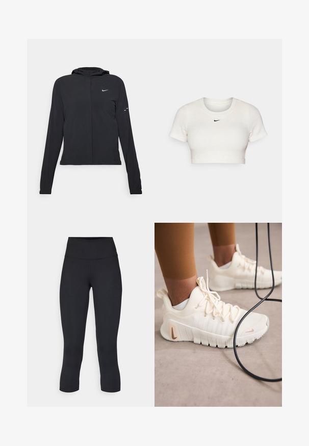 Juodas gobtuvas striukė su ilgomis rankovėmis, pagaminta iš lengvo audinio. Pasižymi priekiniais užtrauktukais, Nike logotipu ir subtiliais dizaino akcentais.; Trumpas baltas marškinėliai, pagaminti iš raukšlėto audinio, su trumpomis rankovėmis ir apvališkiu kaklu; ant krūtinės yra mažas juodas Nike logotipas.; Juodos apkarpytos legginsai, pagaminti iš tamprios medžiagos, su aukšta juosmens linija ir glotnia tekstūra, be matomų raštų ar detalių.; Nike Performance FREE METCON 6 - Avalynė treniruotėms - pale ivory/metallic red bronze/guava ice/sail/phantom/light orewood brown