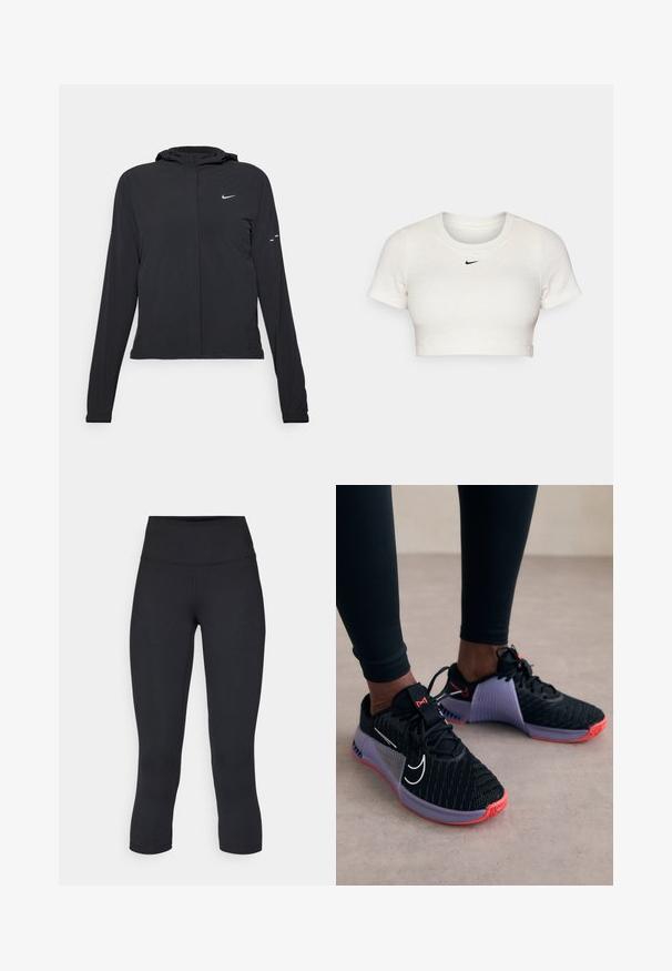 Juodas gobtuvas striukė su ilgomis rankovėmis, pagaminta iš lengvo audinio. Pasižymi priekiniais užtrauktukais, Nike logotipu ir subtiliais dizaino akcentais.; Trumpas baltas marškinėliai, pagaminti iš raukšlėto audinio, su trumpomis rankovėmis ir apvališkiu kaklu; ant krūtinės yra mažas juodas Nike logotipas.; Juodos apkarpytos legginsai, pagaminti iš tamprios medžiagos, su aukšta juosmens linija ir glotnia tekstūra, be matomų raštų ar detalių.; Nike Performance METCON 9 - Avalynė treniruotėms - black/metallic silver/lilac bloom/barely grape/daybreak/bright crimson