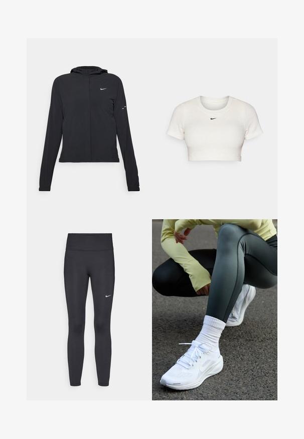 Crna jakna s kapuljačom i dugim rukavima, izrađena od laganog materijala. Ima prednji patentni zatvarač, Nike logo i suptilne dizajnerske detalje.; Skraćeni bijeli T-shirt od rebrastog materijala s kratkim rukavima i okruglim izrezom; sadrži mali crni Nike logo na prsima.; Crne tajice izrađene od rastezljivog materijala, s visokim strukom i bijelim Nike logotipom na lijevom bedru. Glatka tekstura, dizajn koji prati obline.; Bijele sportske tenisice s mrežastim gornjim dijelom, ravnim vezicama i podstavljenim đonom, u kombinaciji s tamnozelenim tajicama i svijetložutom majicom dugih rukava.