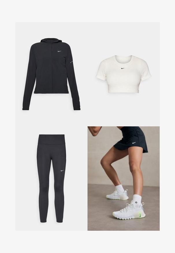 Giacca nera con cappuccio e maniche lunghe, realizzata in materiale leggero. Presenta una zip frontale, il logo Nike e accenti di design sottili.; T-shirt bianca cropped in tessuto a coste, con maniche corte e collo rotondo; presenta un piccolo logo Nike nero sul petto.; Leggings neri realizzati in tessuto elasticizzato, con una vita alta e un logo Nike bianco sulla coscia sinistra. Tessuto liscio, design aderente.; Scarpe sportive bianche con una superficie testurizzata, dettagli in verde neon e un logo Nike prominente. Indossate con calzini bianchi alla caviglia.