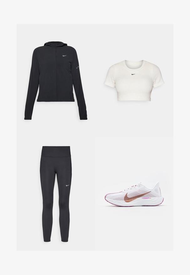 Černá kapucňová bunda s dlouhými rukávy, vyrobená z lehkého materiálu. Obsahuje přední zip, logo Nike a decentní designové akcenty.; Zkrácené bílé tričko vyrobené z proužkované tkaniny s krátkými rukávy a kulatým výstřihem; má malou černou ikonu Nike na hrudi.; Černé legíny vyrobené z elastického materiálu, s vysokým pasem a bílým logem Nike na levém stehně. Hladká textura, přiléhavý střih.; Nike Performance PEGASUS PLUS - Silniční běžecké boty - white/metallic red bronze/platinum violet/plum dust/hot fuchsia