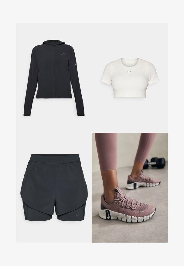 Černá kapucňová bunda s dlouhými rukávy, vyrobená z lehkého materiálu. Obsahuje přední zip, logo Nike a decentní designové akcenty.; Zkrácené bílé tričko vyrobené z proužkované tkaniny s krátkými rukávy a kulatým výstřihem; má malou černou ikonu Nike na hrudi.; Černé sportovní šortky se vrstveným designem, s hladkým vnějším pláštěm a přiléhavými vnitřními šortkami. Vyrobené z lehké, pružné tkaniny.; Osoba v mauve sportovních botách a odpovídajících legínách stojící na gymovém podlaze s činkou v pozadí.