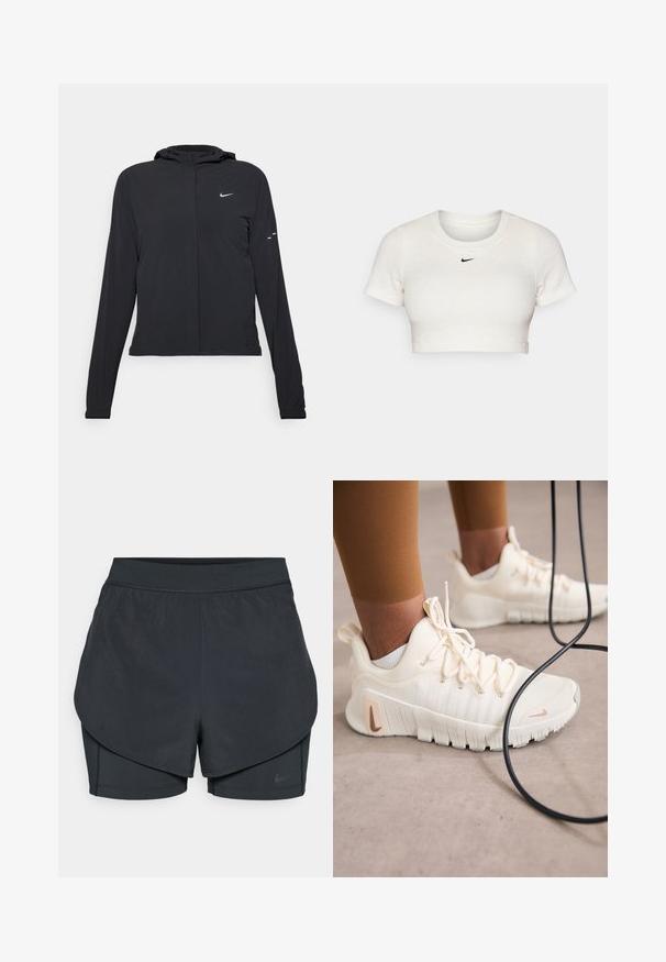 Svart hettegenser med lange ermer, laget av lett materiale. Har glidelås foran, Nike-logo og subtile design detaljer.; Kuttet hvit T-skjorte laget av ribbestrikket stoff med korte ermer og rund hals; har en liten svart Nike-logo på brystet.; Svart idrettsshorts med lagdelt design, som har et glatt ytre lag og tettsittende indre shorts. Laget av lett, elastisk stoff.; Nike Performance FREE METCON 6 - Treningssko - pale ivory/metallic red bronze/guava ice/sail/phantom/light orewood brown