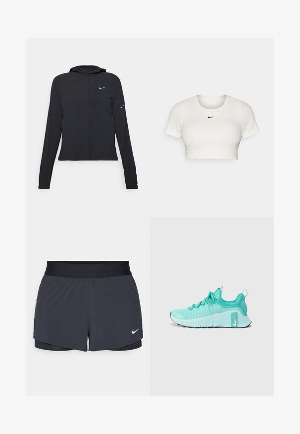 Černá kapucňová bunda s dlouhými rukávy, vyrobená z lehkého materiálu. Obsahuje přední zip, logo Nike a decentní designové akcenty.; Zkrácené bílé tričko vyrobené z proužkované tkaniny s krátkými rukávy a kulatým výstřihem; má malou černou ikonu Nike na hrudi.; Černé sportovní kraťasy s elastickým pasem, které mají vrstvený design a malé bílé logo Nike na dolním levém rohu. Lehce materiál.; Tyrkysové běžecké boty Nike s bílými podrážkami, obuté s bílými ponožkami Nike, držící černý cvičební míč na šedé podlaze.
