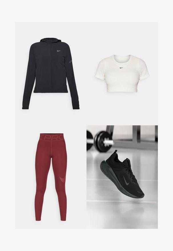 Giacca nera con cappuccio e maniche lunghe, realizzata in materiale leggero. Presenta una zip frontale, il logo Nike e accenti di design sottili.; T-shirt bianca cropped in tessuto a coste, con maniche corte e collo rotondo; presenta un piccolo logo Nike nero sul petto.; Leggings bordeaux con vita alta e il marchio "PRO". Realizzati in materiale elasticizzato, presentano una texture liscia e un logo discreto sul lato.; Sneaker sportivo nero con logo Nike, mostrato in volo su un pavimento da palestra, con un supporto per pesi sfocato sullo sfondo.