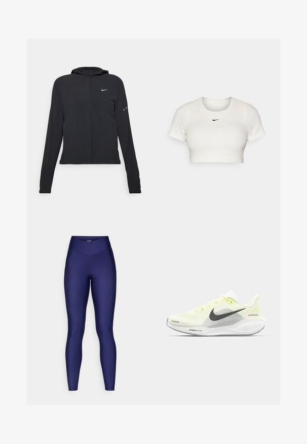 Svart huva jacka med långa ärmar, gjord av lätt material. Har en framdragare, en Nike-logotyp och subtila designelement.; Kort vit t-shirt i ribbat tyg med korta ärmar och rund halsringning; har en liten svart Nike-logotyp på bröstet.; Mörkblå högmidjade leggings i ett slätt, elastiskt material med sömnadsdesign, som ger en smidig, åtsittande silhuett från midjan till ankeln.; Nike löparskor med ett ljusgult och vitt nätövre, grå detaljer och en flexibel gummisul. Har en snörning för stängning.