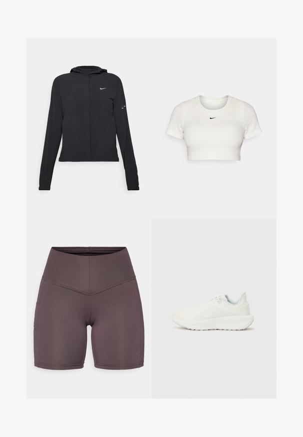 Svart hettegenser med lange ermer, laget av lett materiale. Har glidelås foran, Nike-logo og subtile design detaljer.; Kuttet hvit T-skjorte laget av ribbestrikket stoff med korte ermer og rund hals; har en liten svart Nike-logo på brystet.; Høyt liv, tettsittende shorts laget av myk, stretchy stoff i en dempet brunfarge. Har flatlocksømmer og sidelommer.; Hvite sportsko med teksturert overdel, polstret krage og snøring. Har en buet såle og subtil merkevare på siden.