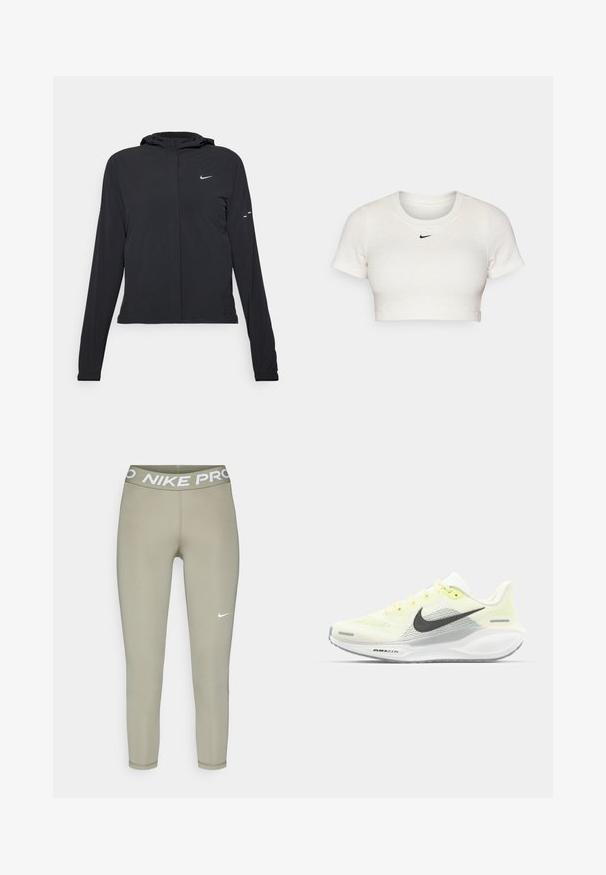 Chaqueta negra con capucha y mangas largas, hecha de un material ligero. Presenta un cierre frontal, un logo de Nike y acentos de diseño sutiles.; Camiseta blanca recortada hecha de tela acanalada con mangas cortas y cuello redondo; presenta un pequeño logo negro de Nike en el pecho.; Leggings en verde oliva claro, hechos de una tela elástica. Cuentan con una amplia cinturilla elástica con el texto "NIKE PRO" y un pequeño logo blanco.; Zapatillas de correr Nike con una parte superior de malla en amarillo claro y blanco, detalles en gris y una suela de goma flexible. Cuenta con un cierre de cordones.