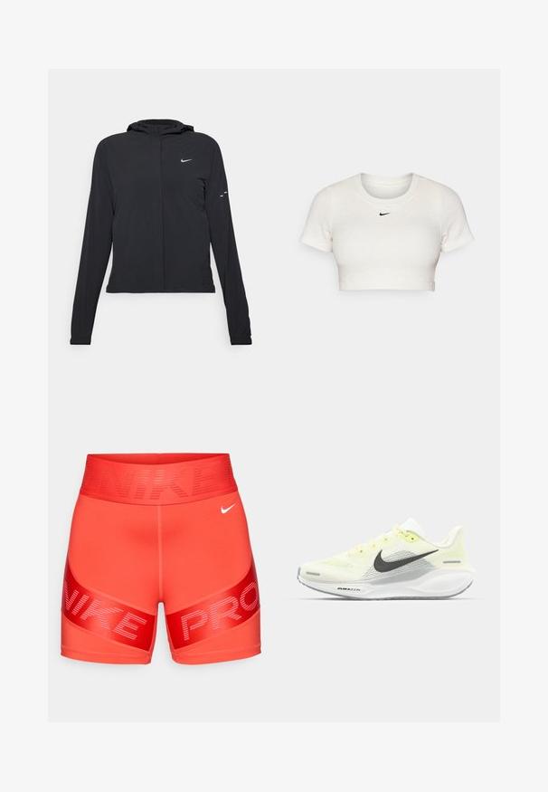 Czarna kurtka z kapturem, z długimi rękawami, wykonana z lekkiego materiału. Posiada zamek błyskawiczny z przodu, logo Nike oraz subtelne akcenty wzornicze.; Krótka biała koszulka z żebrowanej tkaniny, z krótkim rękawem i okrągłym dekoltem; z małym czarnym logo Nike na piersi.; Jaskrawoczerwone spodenki kompresyjne Nike Pro z szerokim pasem w talii, na którym znajduje się napis "NIKE" oraz mały biały logo swoosh na prawej przedniej stronie.; Biegi Nike z lekką żółtą i białą siateczką cholewy, szarymi akcentami i elastyczną gumową podeszwą. Posiada klasyczne sznurowanie.