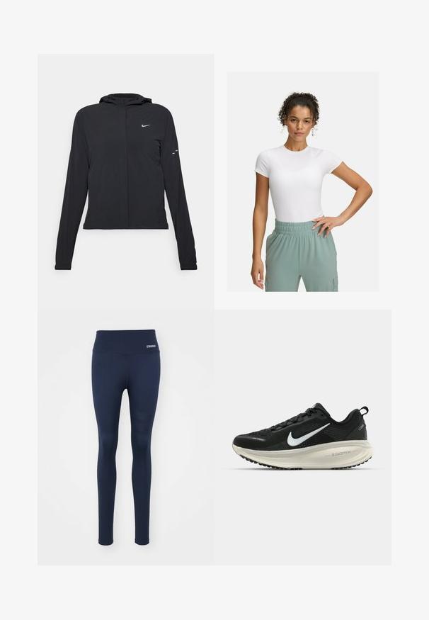 Černá kapucňová bunda s dlouhými rukávy, vyrobená z lehkého materiálu. Obsahuje přední zip, logo Nike a decentní designové akcenty.; Bílá přiléhavá trička s krátkým rukávem, spárované se světlými zelenými kalhotami s elastickým pasem. Hladká textura, minimalistický design a žádné viditelné vzory.; Námořnické legíny z elastického materiálu, s širokým pasem a kontrastním logem "STRONGER" na pase, s texturovanými detaily po stranách.; Černá běžecká obuv Nike s prodyšným síťovaným svrškem, bílým logem swoosh, texturovanými detaily a krémovou mezipodešví ZoomX.