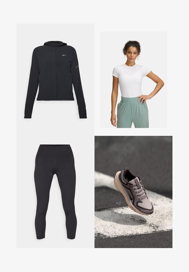 Black hooded jacket with long sleeves, made from lightweight material. Features a front zipper, a Nike logo, and subtle design accents.; White fitted t-shirt with short sleeves, paired with light green elastic waistband pants. Smooth texture, minimalist design, and no visible patterns.; Black leggings with a high waistband, made from smooth, stretchy material. Features flat seams and a form-fitting design.; Light purple athletic shoe with grey accents, multi-textured synthetic upper, laces, and a beige sole featuring a visible tread pattern.