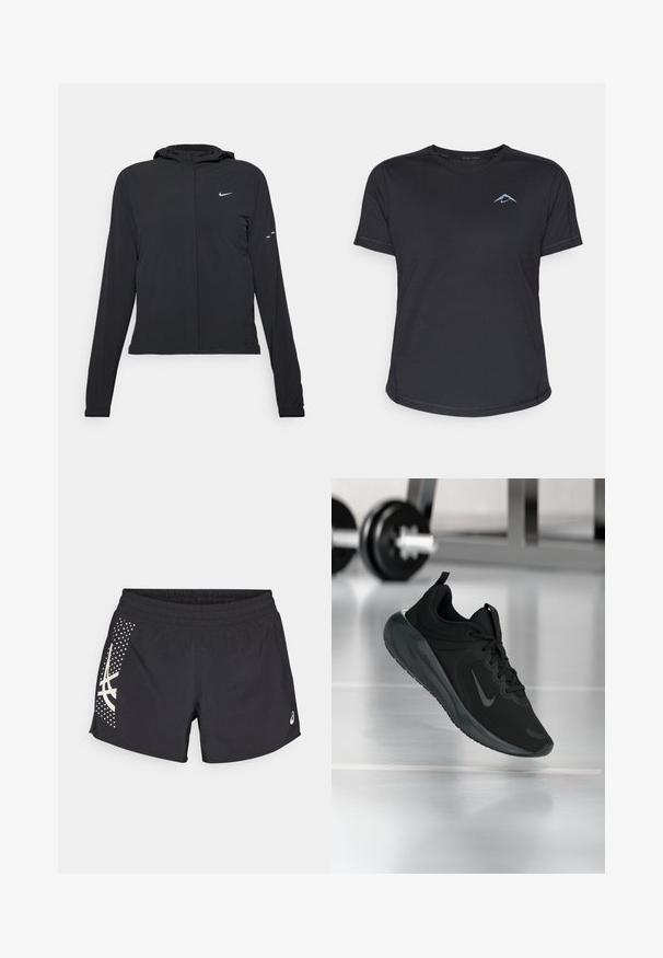 Melnā kapuci jaka ar garām piedurknēm, izgatavota no viegla materiāla. Tam ir priekšējais rāvējslēdzis, Nike logo un smalki dizaina akcenti.; Melns sporta krekls ar īsām piedurknēm un apaļu kakla izgriezumu, gluda auduma, ar atstarojošu zilu logo kreisajā krūtī. Šuvju apdare gar šuvēm.; Melni sporta šorti ar elastīgu jostu un logotipu. Sānos ir dizains ar baltu akcentu un punktveida rakstu.; Melnas sporta kedas ar Nike logo, rādot gaisā uz sporta zāles grīdas, ar izplūdušu hantelēm fona.