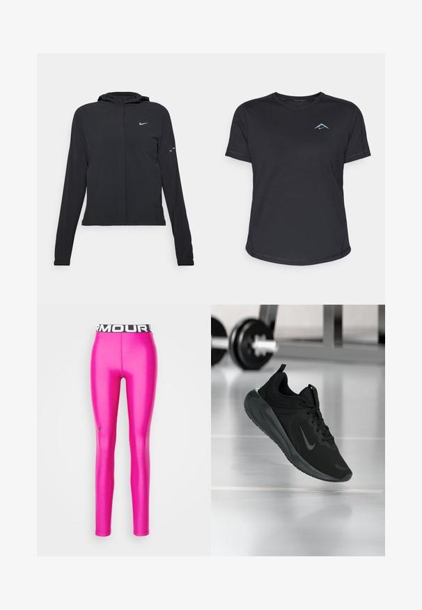Crna jakna s kapuljačom i dugim rukavima, izrađena od laganog materijala. Ima prednji patentni zatvarač, Nike logo i suptilne dizajnerske detalje.; Crna kratka atletska majica s kratkim rukavima i okruglim izrezom, od glatkog materijala, s reflektirajućim plavim logom na lijevoj strani prsa. Šivani detalji duž šavova.; Under Armour HEATGEAR - Tajice - astro pink; Crna sportska tenisica s Nike logotipom, prikazana u zraku na podu teretane, s mutnom stalcem za bučice u pozadini.