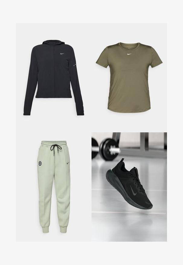 Zwarte kaptrui met lange mouwen, gemaakt van lichtgewicht materiaal. Voorzien van een ritssluiting aan de voorkant, een Nike-logo en subtiele ontwerpelementen.; Olijfgroene t-shirt met korte mouwen van Nike, met een ronde hals, gemaakt van een zachte stof, met een klein wit logo op de borst.; Lichtgroene Nike joggers met elastische tailleband, trekkoord, zijzakken en een Chelsea FC-logo op de linker bovenbeen.; Zwarte sportsneaker met Nike-logo, weergegeven in de lucht boven de gymvloer, met een vervaagde halterrek op de achtergrond.