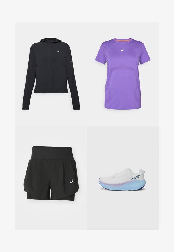 Veste à capuche noire avec des manches longues, fabriquée en matériau léger. Elle comporte une fermeture éclair à l'avant, un logo Nike et des accents de design subtils.; T-shirt de sport violet en tissu respirant. Il présente un col ras du cou, des manches courtes et un motif tonal subtil sur le devant.; Shorts de sport noirs dotés d'un revêtement en maille respirante, de sous-shorts au toucher lisse, et d'un logo blanc sur le côté gauche.; Chaussure de course blanche avec un dessus texturé, dotée d'une semelle dégradée dans des nuances de bleu et de violet, et d'un petit logo accentué sur le côté.