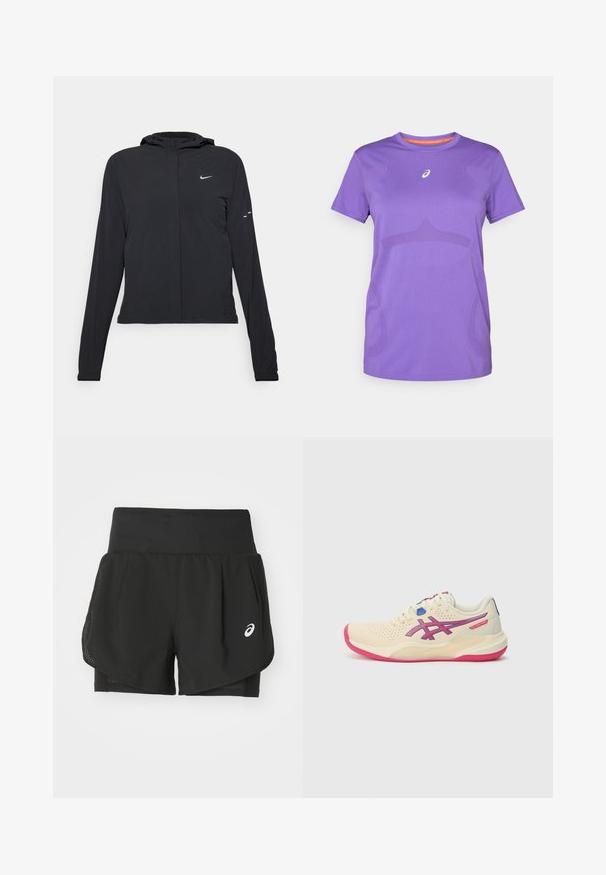 Fekete kapucnis dzseki hosszú ujjakkal, könnyű anyagból készült. Elülső cipzárral, Nike logóval és diszkrét dizájn elemekkel rendelkezik.; Lila sportpóló lélegző anyagból. Kerek nyakú, rövid ujjú, az elején diszkrét tónusos mintával.; Fekete sportos rövidnadrág, lélegző hálós felső résszel, sima textúrájú belső rövidnadrággal, és fehér logóval a bal oldalon.; Krém színű sportcipő rózsaszín talppal, kék és lila részletekkel, perforált felső résszel és lekerekített orrral.