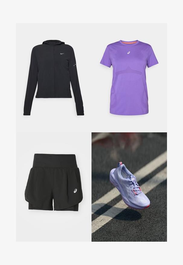 Black hooded jacket with long sleeves, made from lightweight material. Features a front zipper, a Nike logo, and subtle design accents.; Purple athletic t-shirt made from breathable fabric. Features a crew neck, short sleeves, and subtle tonal pattern on the front.; Black athletic shorts featuring a breathable mesh overlay, inner shorts with smooth texture, and a white logo on the left side.; Light purple running shoe with a textured upper, pink accents, a round lacing mechanism, and a speckled sole, elevated above a pavement background.