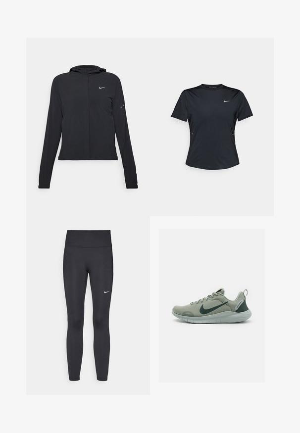 Svart hettegenser med lange ermer, laget av lett materiale. Har glidelås foran, Nike-logo og subtile design detaljer.; Svart kortermet treningstrøye laget av lett, fukttransporterende stoff. Har rund hals og liten hvit Nike-logo på brystet.; Sorte leggings laget av elastisk stoff, med høy livlinje og en hvit Nike-logo på venstre lår. Glatt tekstur, kroppsnær passform.; Nike Performance FLEX EXPERIENCE RUN 12 - Treningssko - jade horizon/vintage green/light silver