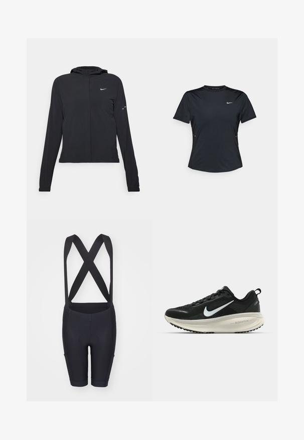 Casaco preto com capuz e mangas longas, feito de material leve. Apresenta um fecho dourado na frente, um logótipo da Nike e detalhes de design subtis.; Camiseta desportiva preta de manga curta, feita de um tecido leve que drena a humidade. Apresenta um decote redondo e um pequeno logo branco da Nike no peito.; Calções de ciclismo pretos com suspensórios, apresentando uma textura suave, área da assento almofadada e um design ajustado para conforto e suporte.; Sapatilha de corrida Nike preta com parte superior de malha respirável, logotipo Swoosh branco, detalhes texturizados e uma entressola ZoomX na cor creme.
