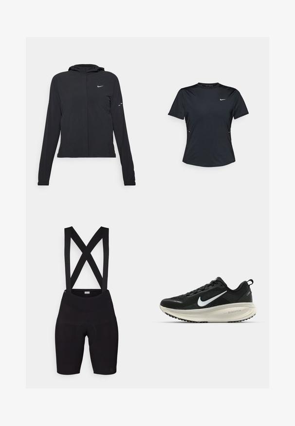 Svart huva jacka med långa ärmar, gjord av lätt material. Har en framdragare, en Nike-logotyp och subtila designelement.; Svart kortärmad träningsskjorta tillverkad av lätt, fukttransporterande material. Har rund halsringning och en liten vit Nike-logotyp på bröstet.; Svart cykelshorts med X-formade hängslen, tillverkade av stretchigt material. Har en vadderad sits och en mjuk yta.; Svart Nike löparsko med andningsbart mesh-ovandel, vit swoosh-logotyp, texturerad detaljering och en krämfärgad ZoomX-mellansula.