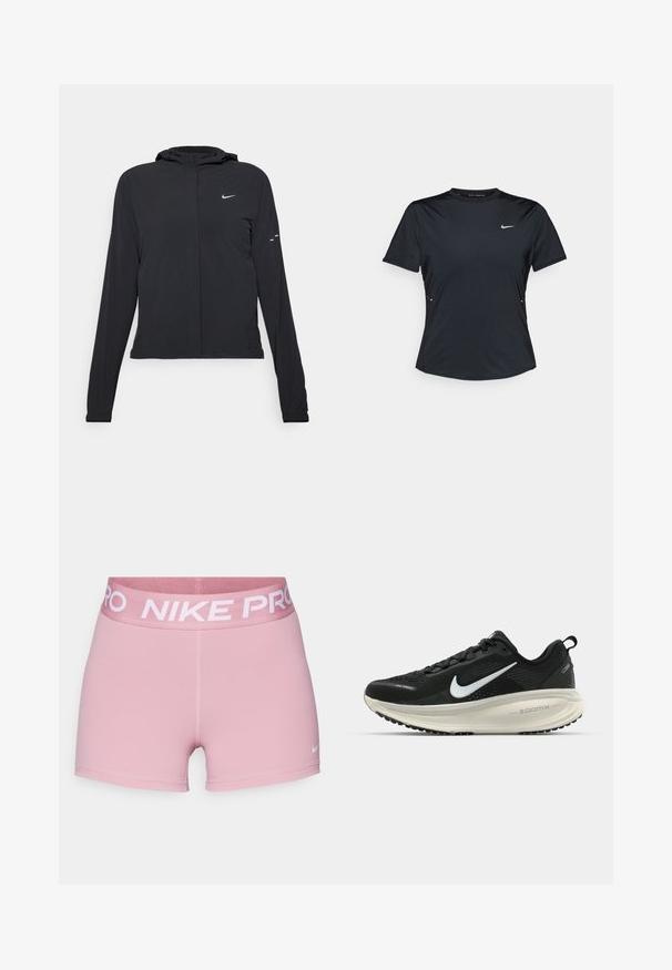 Chaqueta negra con capucha y mangas largas, hecha de un material ligero. Presenta un cierre frontal, un logo de Nike y acentos de diseño sutiles.; Camiseta atlética de manga corta negra, hecha de un tejido ligero y que controla la humedad. Cuenta con cuello redondo y un pequeño logo de Nike en blanco en el pecho.; Pantalones cortos deportivos rosas hechos de tejido elástico, con una cinturilla ancha y suave que lleva el logo "NIKE PRO" en blanco y un pequeño swoosh de Nike en la pierna.; Zapatilla de running Nike negra con parte superior de malla transpirable, logo Swoosh blanco, detalles texturizados y una entresuela ZoomX de color crema.