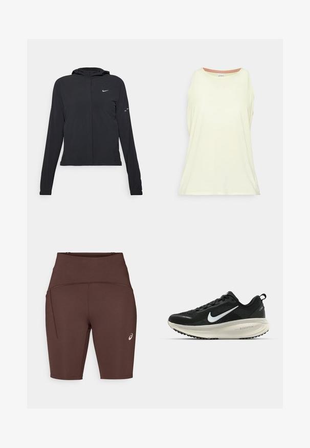 Svart huva jacka med långa ärmar, gjord av lätt material. Har en framdragare, en Nike-logotyp och subtila designelement.; Ljusgul ärmlös linne i mjukt tyg. Rund halsringning med kontrasterande innerkant. Avslappnad passform med sidopen.; Bruna träningsshorts i elastisk tyg, med hög midja, tight passform, sidoficka och en liten logotyp på underbenet.; Svart Nike löparsko med andningsbart mesh-ovandel, vit swoosh-logotyp, texturerad detaljering och en krämfärgad ZoomX-mellansula.