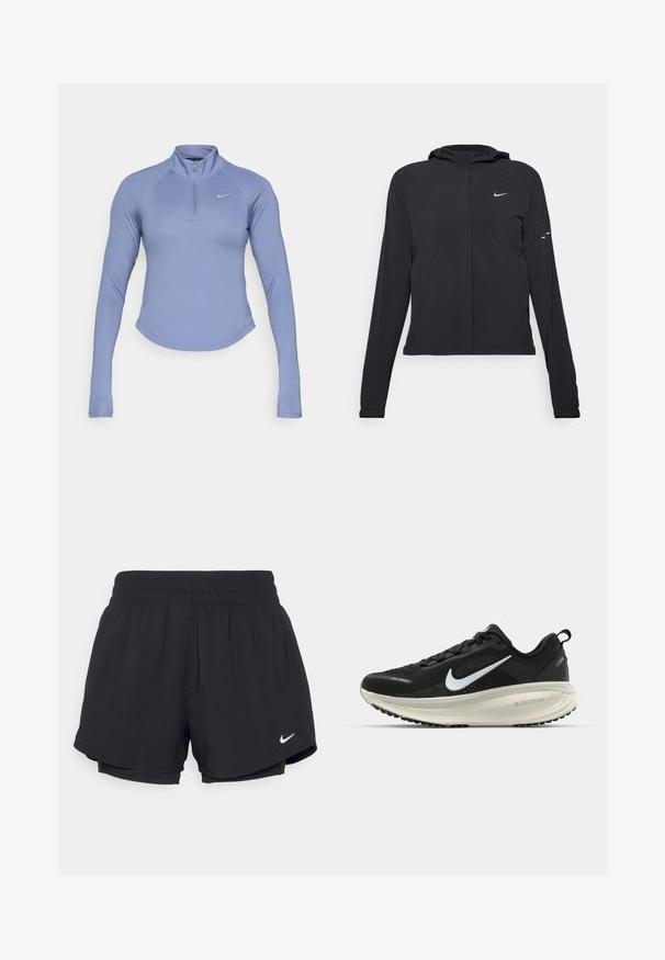 Črna kapuča s dolgimi rokavi, izdelana iz lahkega materiala. Ima sprednji zadrgo, logotip Nike in subtilne oblikovne detajle.; Svijetloplava dug obrađeni majica s patentnim zatvaračem, napravljena od glatkog i rastezljivog materijala. Ima visoki ovratnik i mali logotip na lijevoj strani prsnog koša.; Črne športne pantalone z nabranim elastičnim pasom, notranjo podlogo in belim Nike logotipom na spodnji levi strani. Gladka, lahka tkanina.; Črne Nike tekaške čevlje z zračno mrežno zgornjim delom, belim logotipom Swoosh, teksturiranimi detajli in smetanasto barvnim srednjim delom ZoomX.