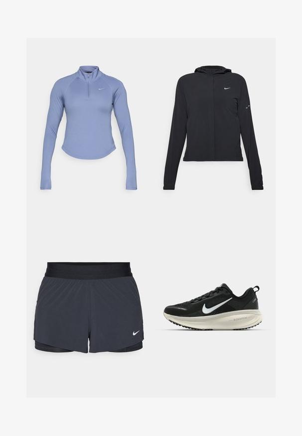 Casaco preto com capuz e mangas longas, feito de material leve. Apresenta um fecho dourado na frente, um logótipo da Nike e detalhes de design subtis.; Top de zíper de mangas longas azul claro, feito de material liso e elástico. Apresenta uma gola alta e um pequeno logótipo no lado esquerdo do peito.; Calças curtas de atletismo pretas com um cós elástico, apresentando um design em camadas e um pequeno logótipo da Nike em branco no canto inferior esquerdo. Material leve.; Sapatilha de corrida Nike preta com parte superior de malha respirável, logotipo Swoosh branco, detalhes texturizados e uma entressola ZoomX na cor creme.